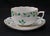 Herend Sabina Vert trio of cup, saucer and plate set with scalloped gilt edges and raised relief borders. Pieces are...