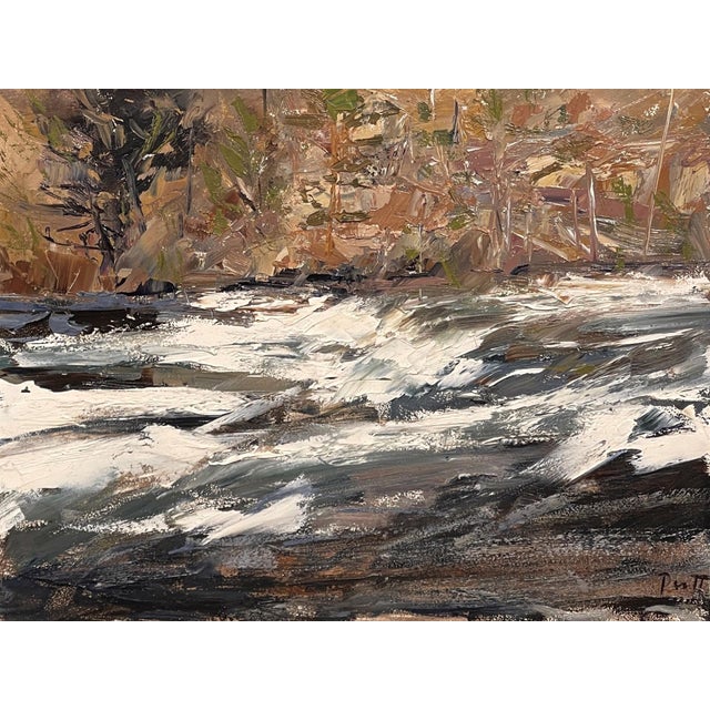 Canyon River by Sandra Pratt | Oil on Panel Landscape of a flowing river in a canyon setting For Sale