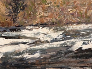 Canyon River by Sandra Pratt | Oil on Panel Landscape of a flowing river in a canyon setting