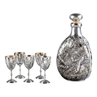 Chinese Export Silver Overlay Bottle with Five Cordials Tianjin Wuhua - 6 Pieces For Sale