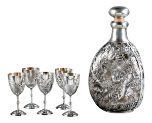 Chinese Export Silver Overlay Bottle with Five Cordials Tianjin Wuhua - 6 Pieces