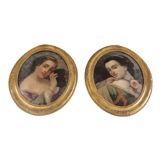 Mid 19th Century Reverse Painted Portraits of Young Girls, Framed - a Pair For Sale
