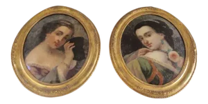 Mid 19th Century Reverse Painted Portraits of Young Girls, Framed - a Pair