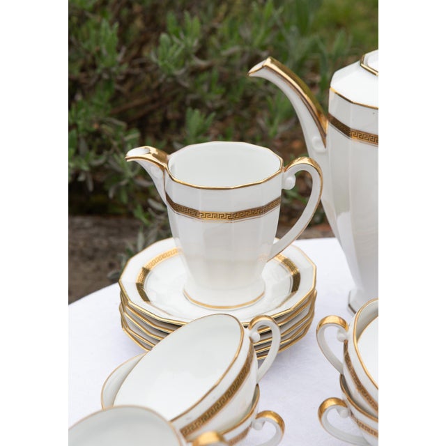 Tea Set for 12, Limoges Porcelain, Gold Rim, Classic Greek Key Pattern (27 Pieces), 1930s, Set of 27 For Sale - Image 4 of 9