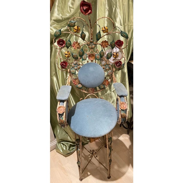 Metal Vintage Ornate French Iron Artist's Chaise Seats From Lyon, France, Colorful Rose, Flowers & Leaves Motif- Set of 2 For Sale - Image 7 of 7