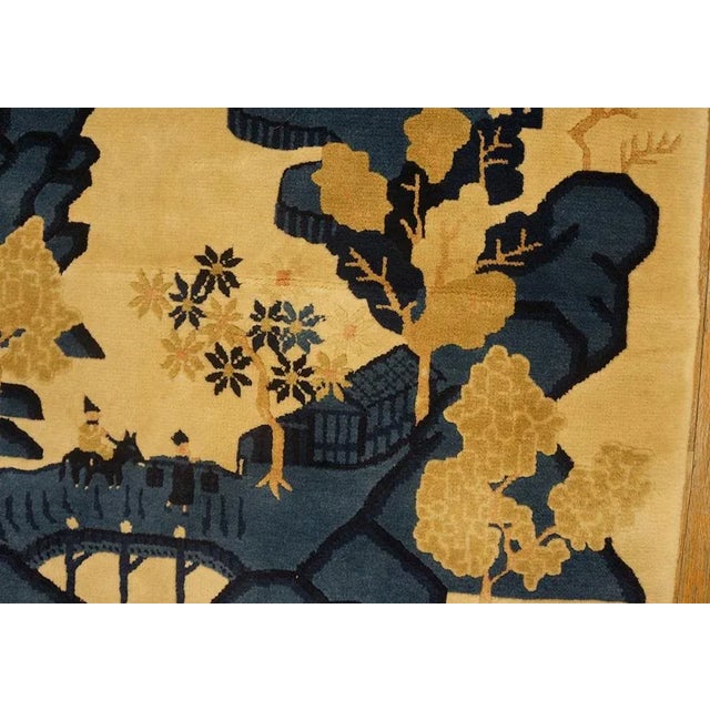 1930s Beige Blue Monumental Landscape Antique Chinese Bao Tou Rug 3'2" X5'0" Knotted Wool Carpet For Sale In New York - Image 6 of 9