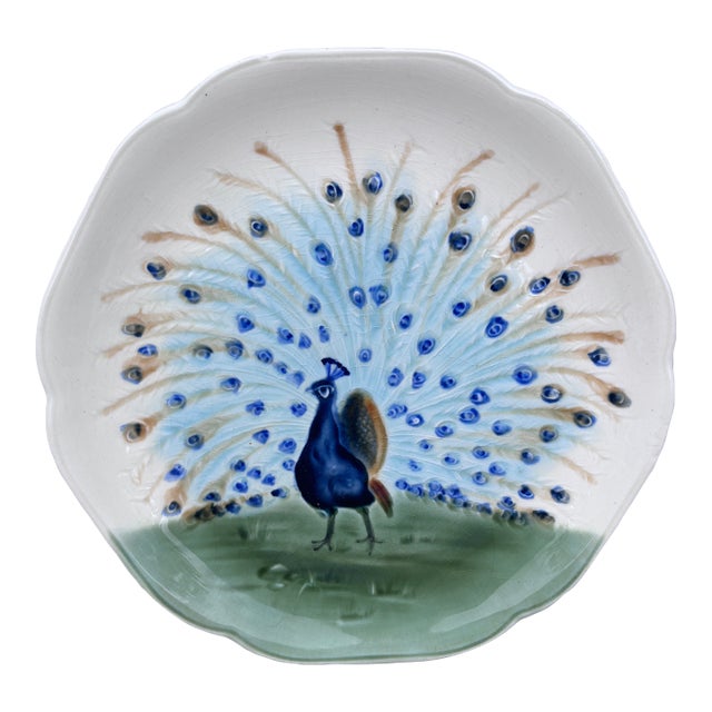 19th Century Majolica Peacock Plate Choisy Le Roi For Sale