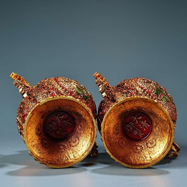 Pair of Vintage Chinese Gilt Bronze Filigree Vases - Dragon Handles & Gemstone Inlay For Sale - Image 10 of 10
