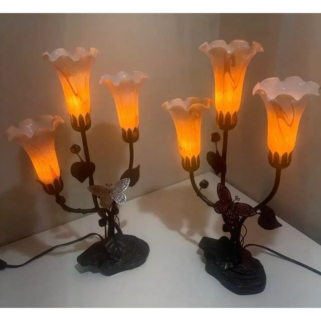 Vintage Table Lamps Pink Glass Tulip Dale Tiffany Style Pair For Sale - Image 4 of 11