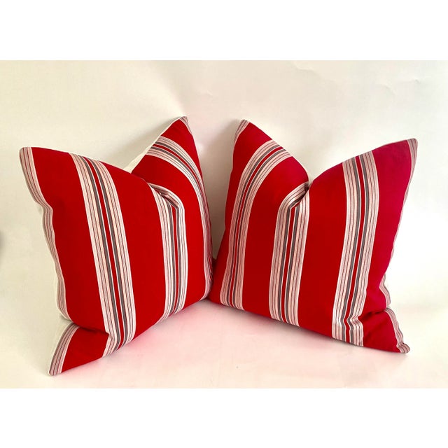 Red Vintage French Ticking Pillows 22 X 22 - A Pair For Sale - Image 8 of 8