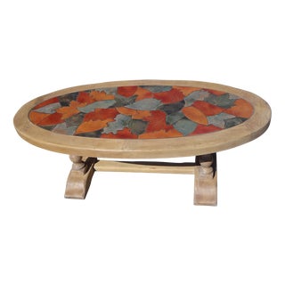 Vintage Coffee Table in Oak and Ceramic by Barrois for Vallauris, 1950s For Sale