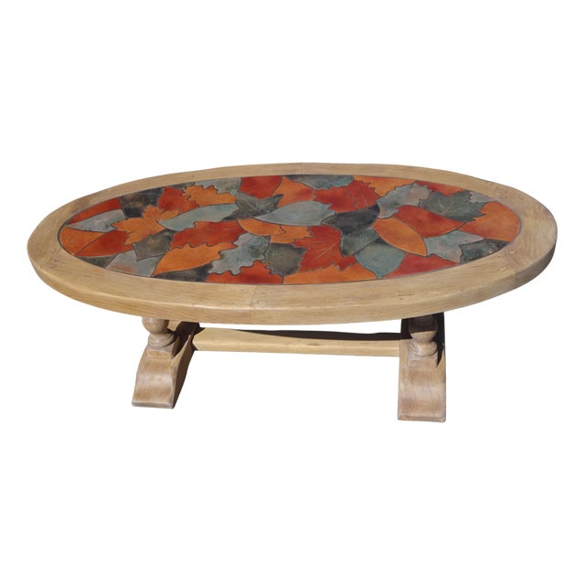 Vintage Coffee Table in Oak and Ceramic by Barrois for Vallauris, 1950s For Sale