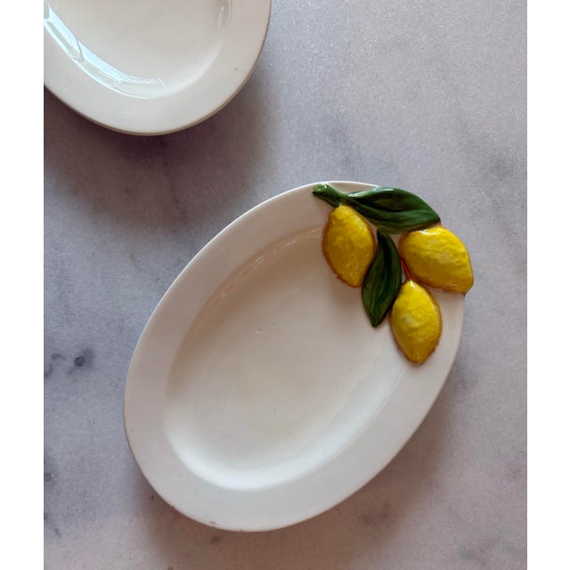 Italian Pair of Vintage Majolica Small Oval Plates With Lemon Relief For Sale - Image 3 of 6