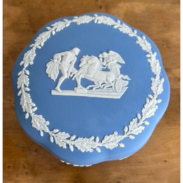 Vintage 1970 Wedgwood Blue Jasperware round trinket box. Made in England, highly collectible. Part of a large private...
