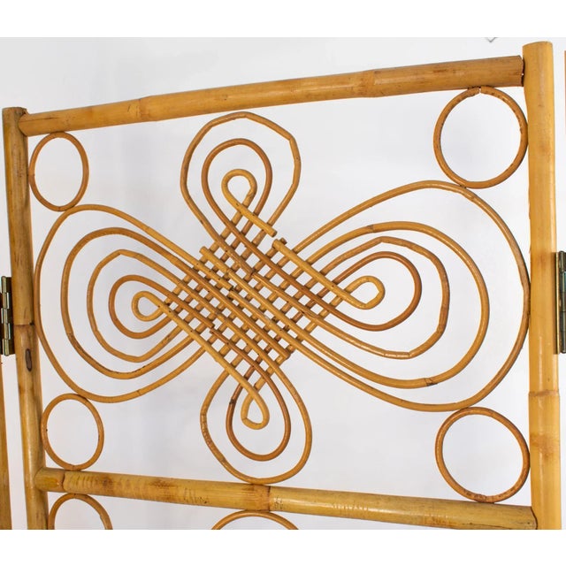 French Three-Panel Bamboo Wicker Rattan Folding Screen Room Divider, 1960s For Sale - Image 11 of 12