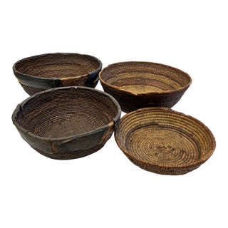 Leather and Wicker African Baskets, Set of 4 For Sale