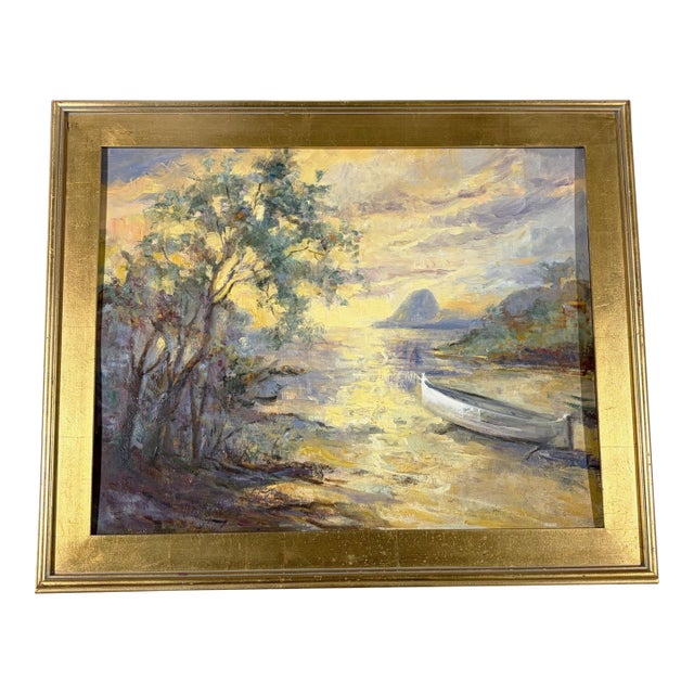 Vintage Acrylic Landscape Painting on Canvas Framed 33.75"w For Sale