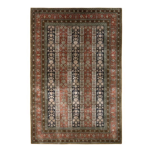 Hand-Knotted Vintage Persian Qum Rug in Red and Beige-Brown Floral Pattern For Sale