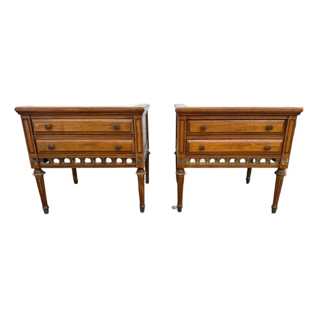 Pair of Vintage French Provincial Louis XVI Style Marble Top 2 Drawer Side Tables by Gordon's Inc. For Sale