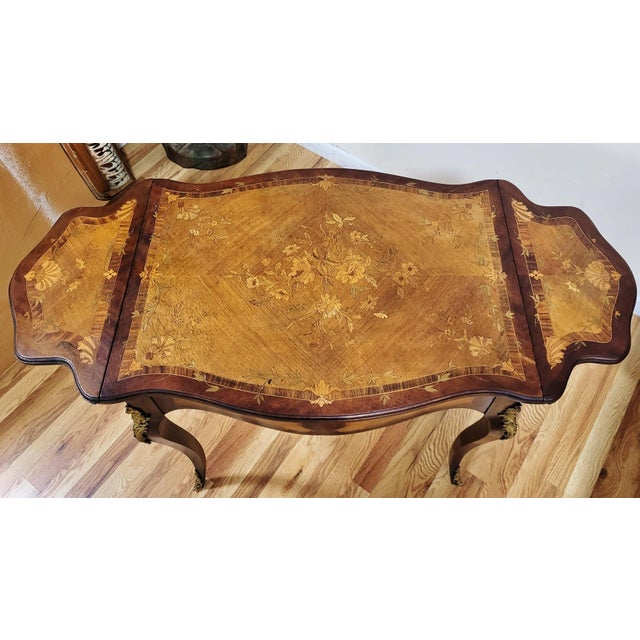 Antique American Made French Louis XV Marquetry Drop Leaf Center Table Desk For Sale - Image 15 of 18