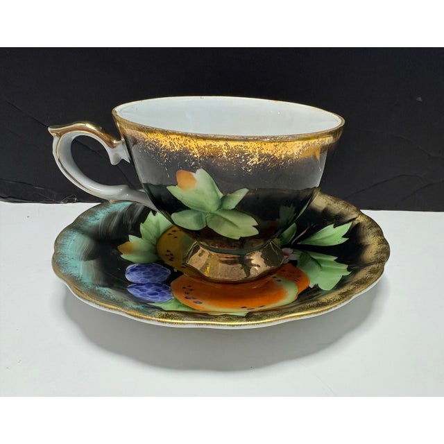 Vintage Hand Painted Japan Teacup and Saucer, Black and Gold Fruit Tea Cup, Art Deco Hollywood Regency Porcelain For Sale - Image 9 of 10