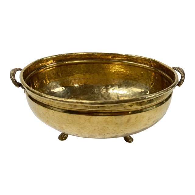 Vintage Footed Hammered Brass Bowl W/ Lion Head Handles For Sale