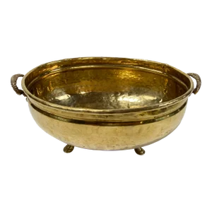 Vintage Footed Hammered Brass Bowl W/ Lion Head Handles