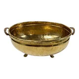 Vintage Hammered Brass Footed Vintage Bowl W/ Lion Head Handles For Sale