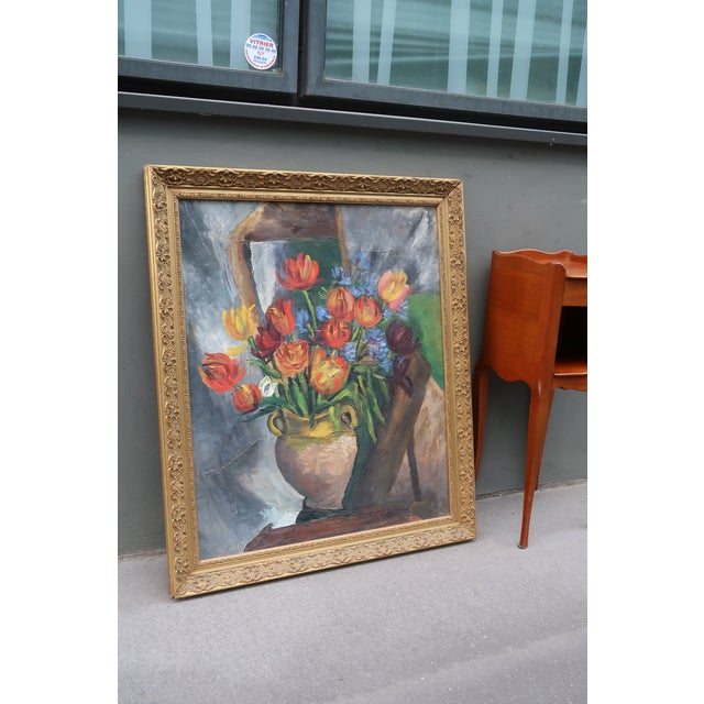 1940s Large French Oil Painting – Floral Still Life With Tulips – Ornate Giltwood Frame – French Art For Sale - Image 11 of 12