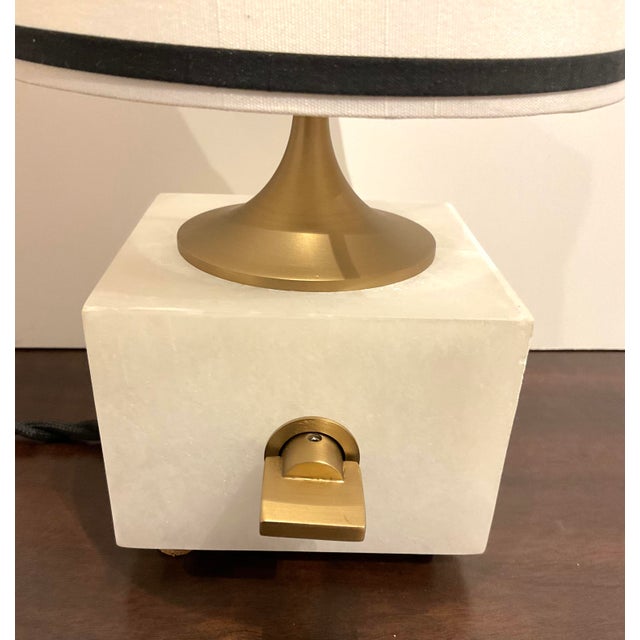 Original retail $411, unique Revelation Blockhead Alabaster Mini Lamp, satin brass finished metal, white fabric shade with...
