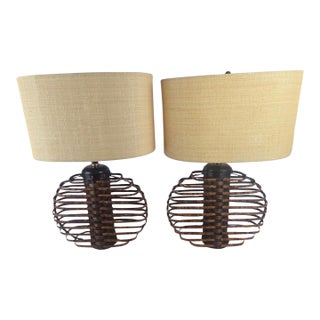 Palecek Woven Rattan & Bamboo Orb Table Lamps With Plaster Bases and Raffia Shades — A Pair For Sale