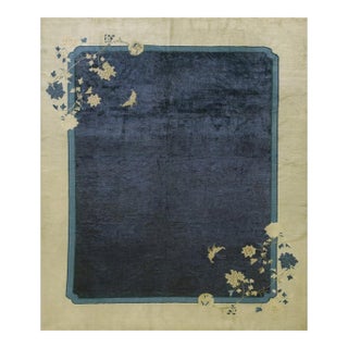 1920s Blue Field Floral Deco Antique Chinese Peking Rug Wool 7'10''x9'6'' Carpet For Sale