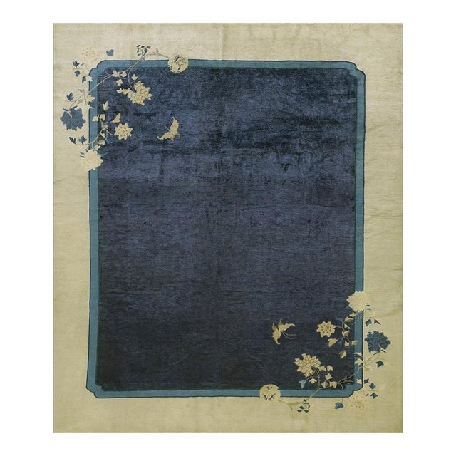 1920s Blue Field Floral Deco Antique Chinese Peking Rug Wool 7'10''x9'6'' Carpet For Sale