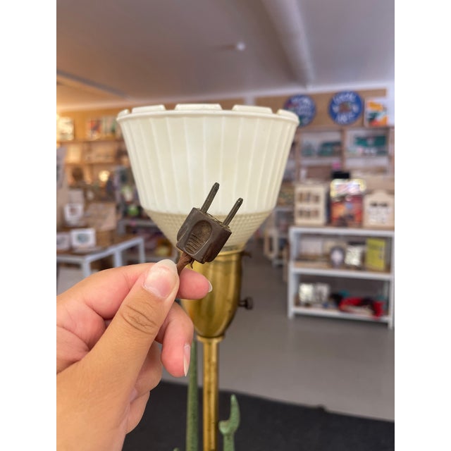 Mid-Century Modern Brass Toned Torchiere Floor Lamp With Sculptural Patinated Metal Accent and Ribbed Glass Diffuser For Sale - Image 11 of 11
