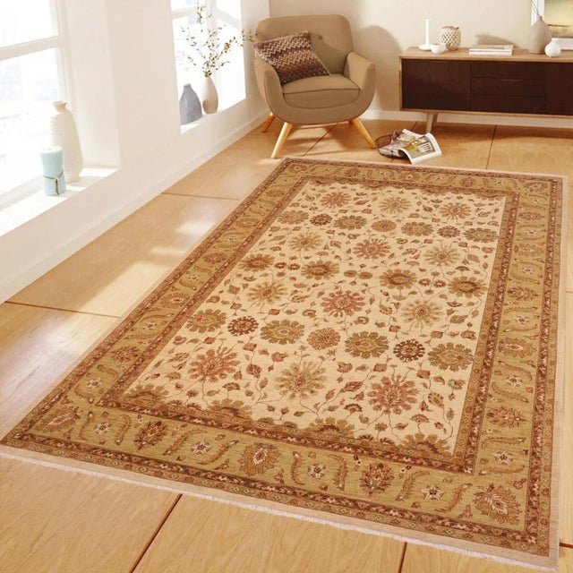 "Enhance the ambiance of your home with this magnificent Persian-influenced Turkish hand-knotted rug made by skilled...