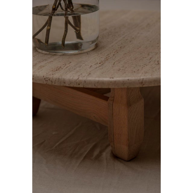 Wood Brutalist Round Coffee Table in Travertine and Oak, 1960s For Sale - Image 7 of 11