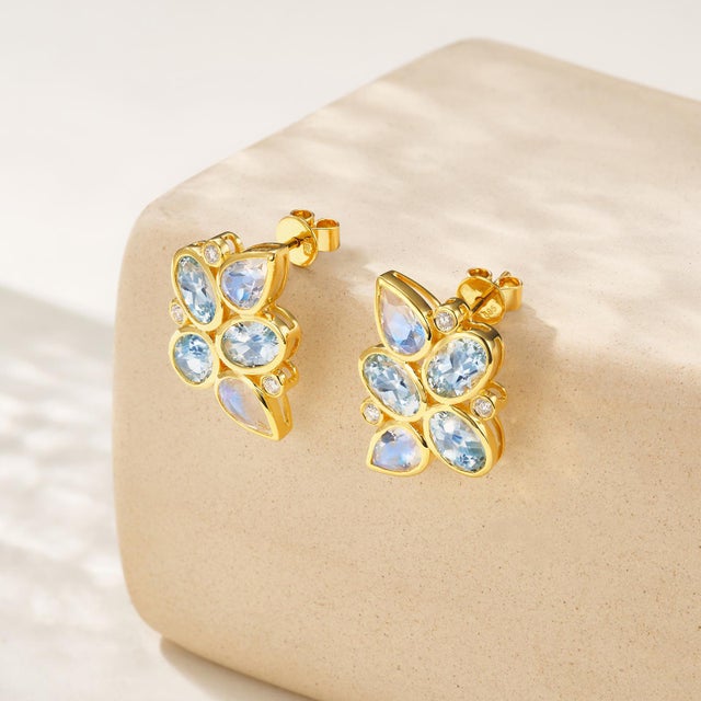 Nina Zhou Aquamarine Moonstone Diamond Cluster Earrings in 14k Yellow Gold - a Pair For Sale - Image 10 of 11