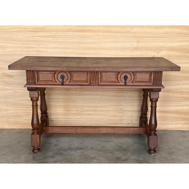 Pair of Early 20th Spanish Light Walnut Country Farm Desk with Two Drawers For Sale - Image 16 of 18