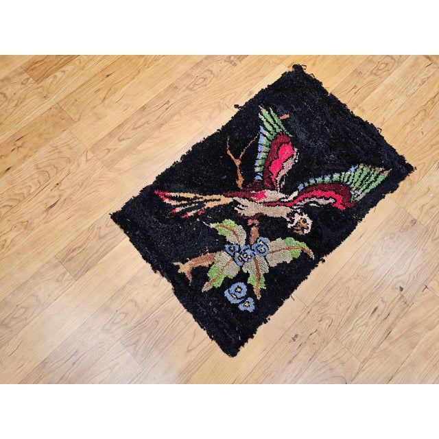 Black Vintage American Hand Hooked Rug, Handwoven Parrot Pattern, Folk Art Tapestry, 2x3 For Sale - Image 8 of 9