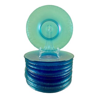 1920s Fenton Celeste Blue Stretch Glass Plates, Set of 12 For Sale