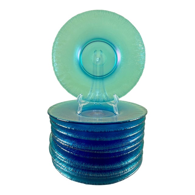 1920s Fenton Celeste Blue Stretch Glass Plates, Set of 12 For Sale