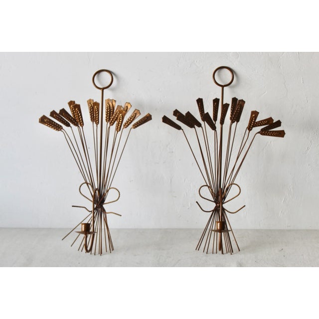 1970s Italian Style Sheaves of Wheat Mid-Century Sculptural Wall Mount Candle Holders Sconces-a Pair For Sale - Image 5 of 11