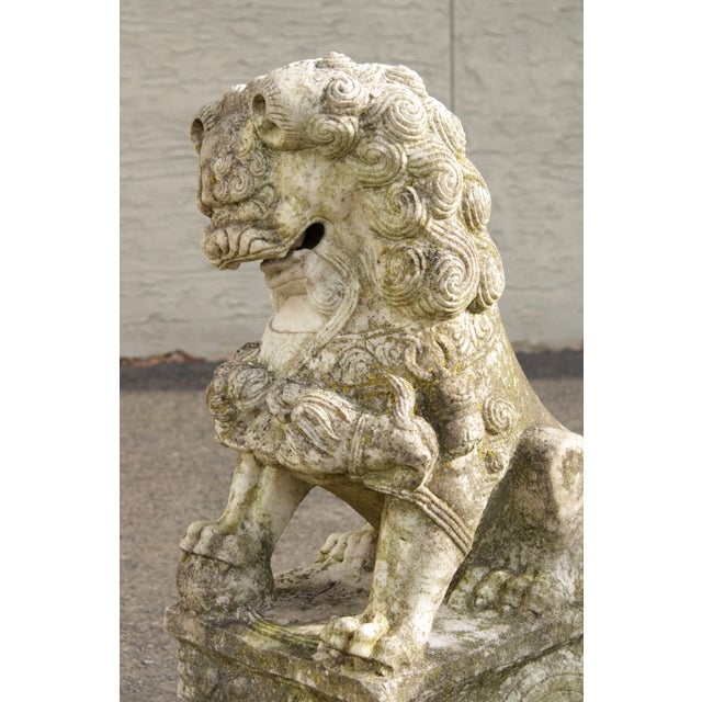 Early 20th Century Chinese Marble Foo Dog Guardian Statues A Pair