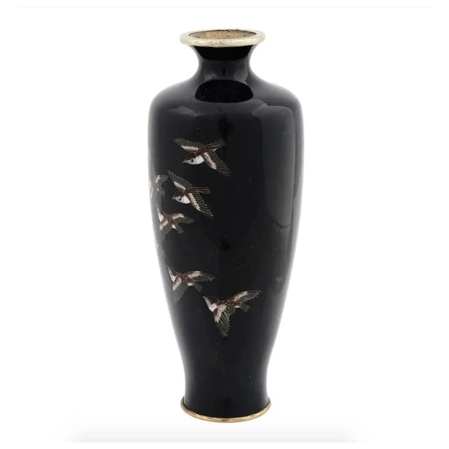 Late 19th Century Antique Meiji Japanese Cloisonne Black Enamel 11 Sparrows on Vase For Sale - Image 5 of 7