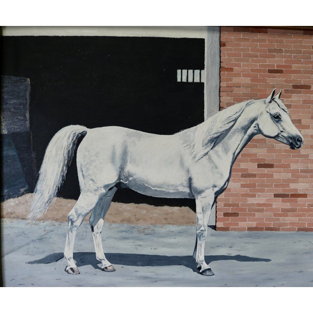 Traditional 1961 Oil Painting on Board of Arabian Gray Stallion Horse Ibn Julep Framed Signed and Dated For Sale - Image 3 of 13