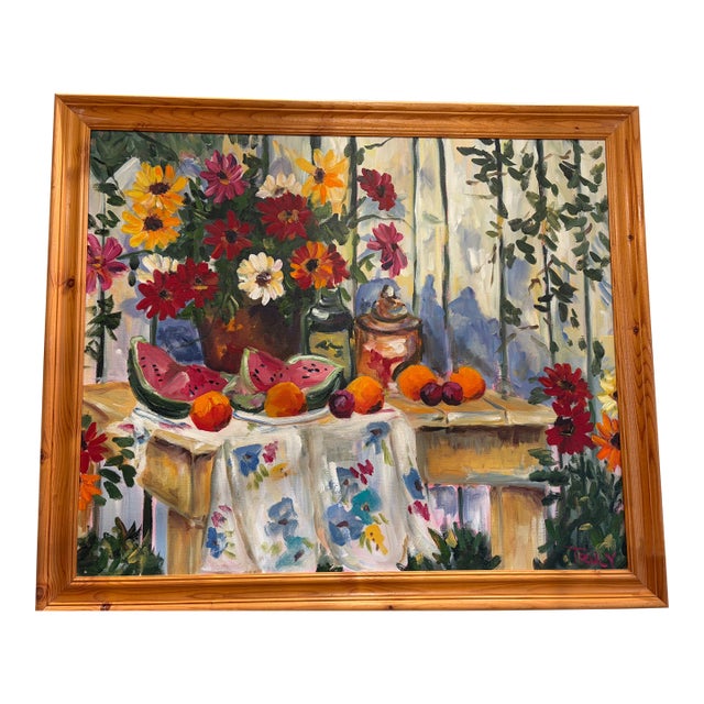 1990's Garden Party Painting by Truly Boring From Newport Beach, Ca For Sale