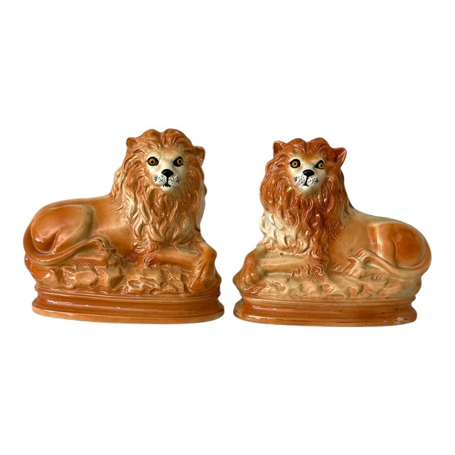 19th Century English Staffordshire Ceramic Recumbent Mantle Lions With ...