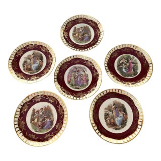 1940's Mythological Scene Plates, Cico Bavaria Germany, Ruby & Gold, Set of 6 For Sale