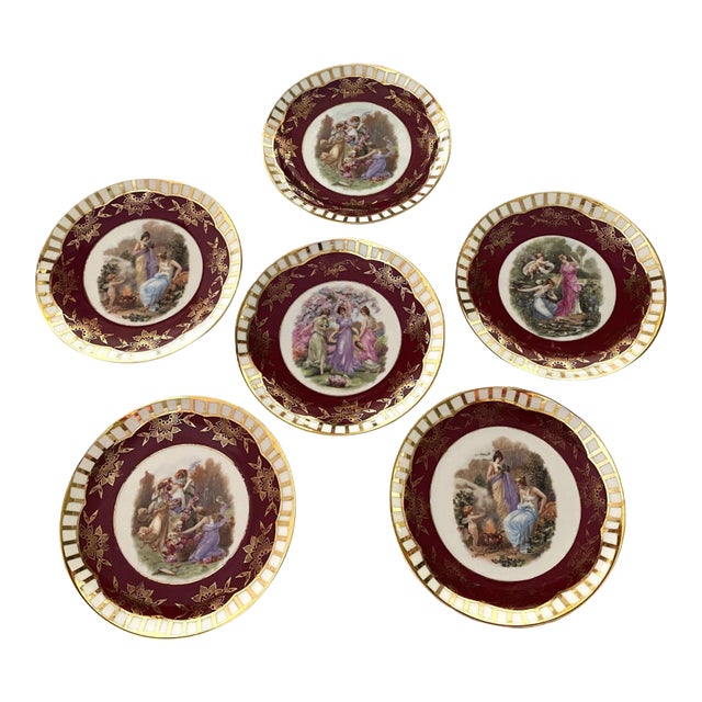 1940's Mythological Scene Plates, Cico Bavaria Germany, Ruby & Gold, Set of 6 For Sale