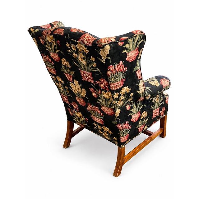 Late 20th Century Black Floral Chinoiserie Wingback Armchairs — A Pair For Sale In Las Vegas - Image 6 of 16
